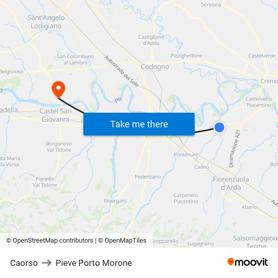 Caorso to Pieve Porto Morone map