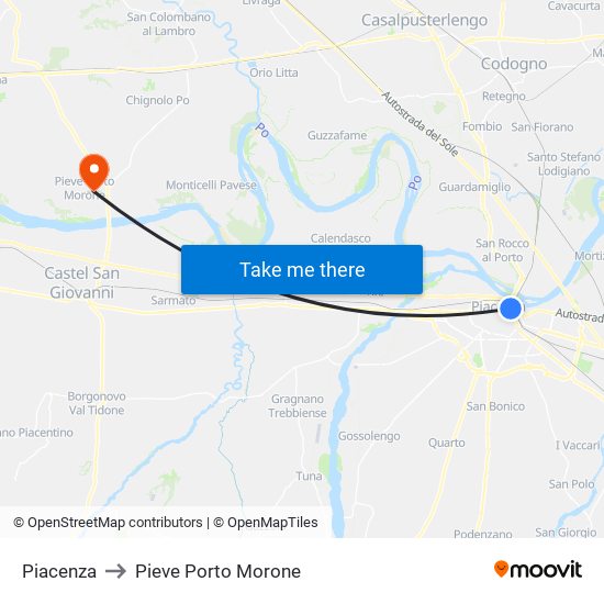 Piacenza to Pieve Porto Morone map