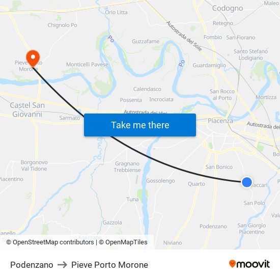 Podenzano to Pieve Porto Morone map