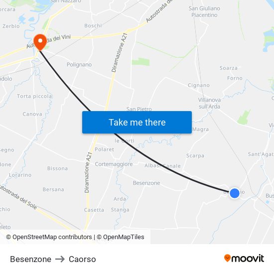 Besenzone to Caorso map