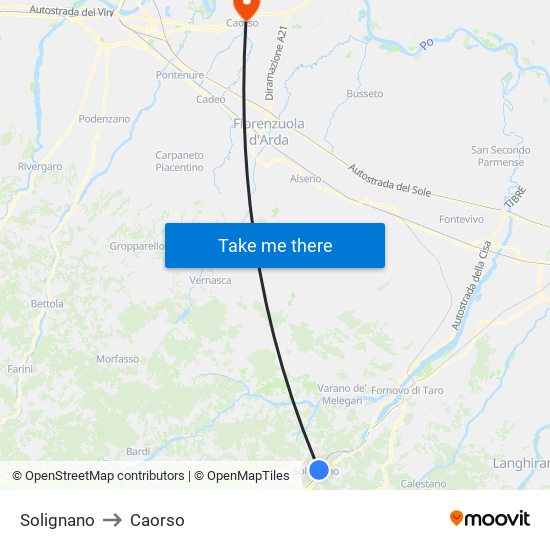 Solignano to Caorso map