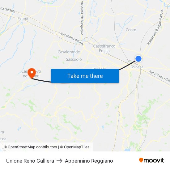Unione Reno Galliera to Appennino Reggiano map
