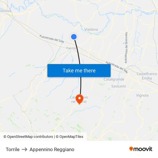 Torrile to Appennino Reggiano map