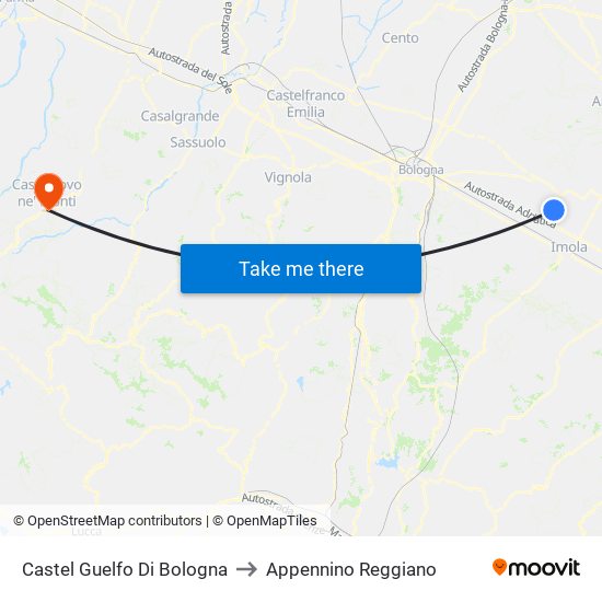 Castel Guelfo Di Bologna to Appennino Reggiano map