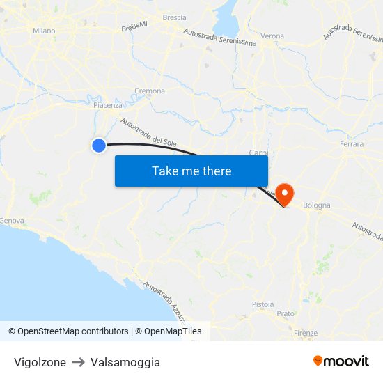 Vigolzone to Valsamoggia map