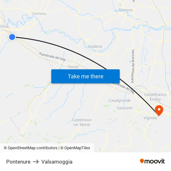 Pontenure to Valsamoggia map
