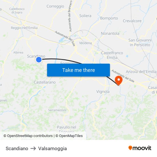 Scandiano to Valsamoggia map