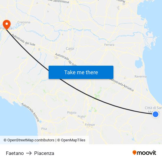 Faetano to Piacenza map