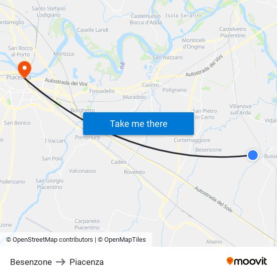 Besenzone to Piacenza map