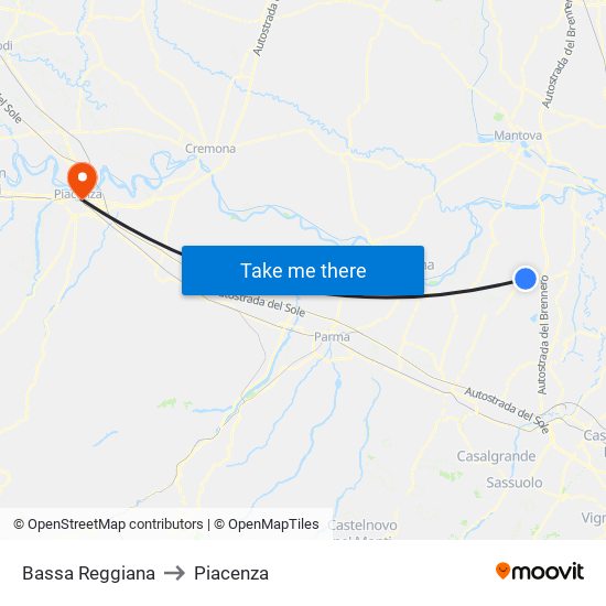 Bassa Reggiana to Piacenza map