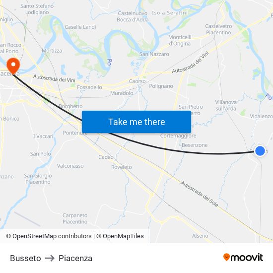 Busseto to Piacenza map