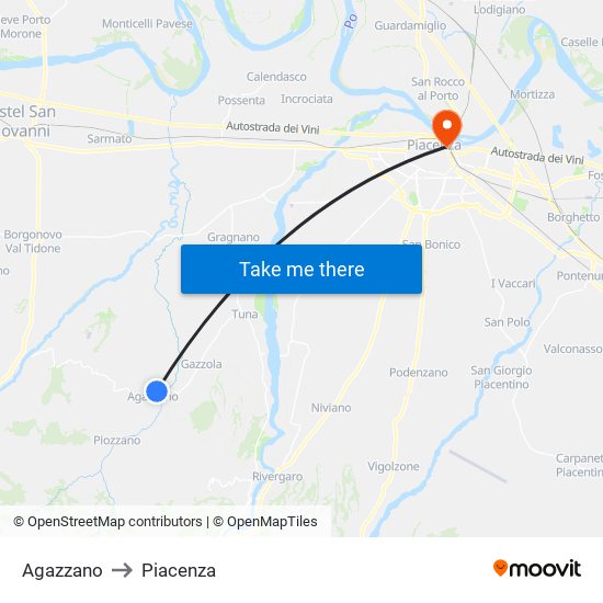 Agazzano to Piacenza map