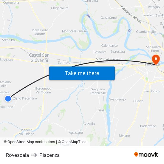 Rovescala to Piacenza map