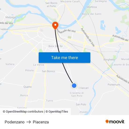 Podenzano to Piacenza map