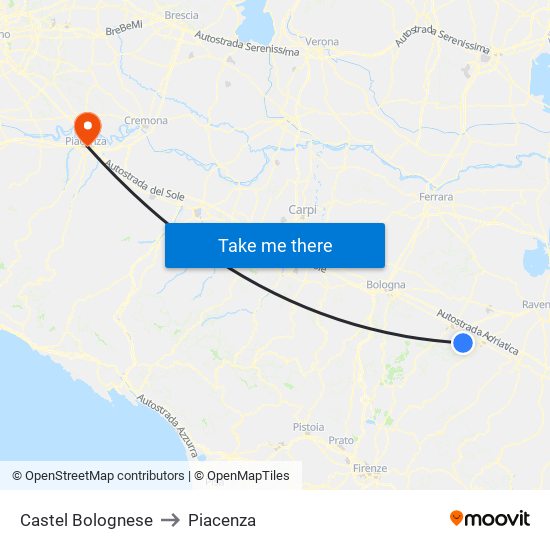 Castel Bolognese to Piacenza map