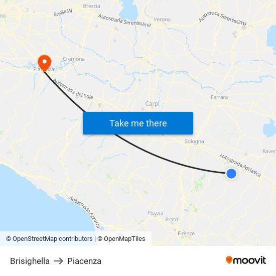 Brisighella to Piacenza map