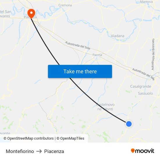 Montefiorino to Piacenza map