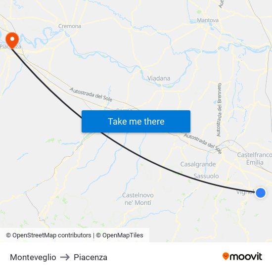 Monteveglio to Piacenza map