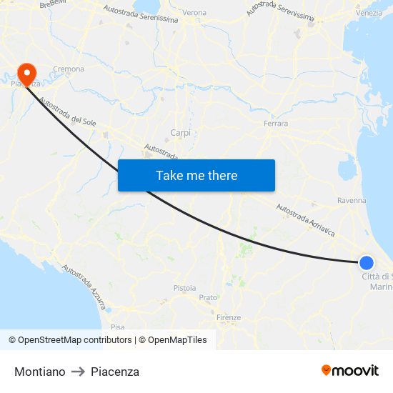 Montiano to Piacenza map