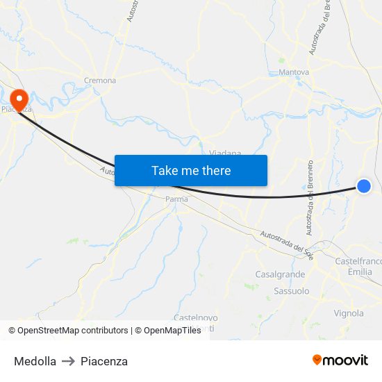 Medolla to Piacenza map