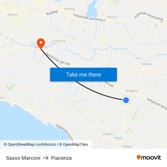 Sasso Marconi to Piacenza map