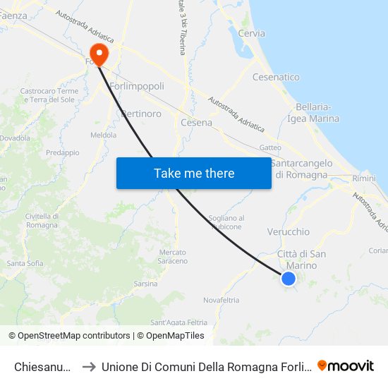 Chiesanuova to Unione Di Comuni Della Romagna Forlivese map