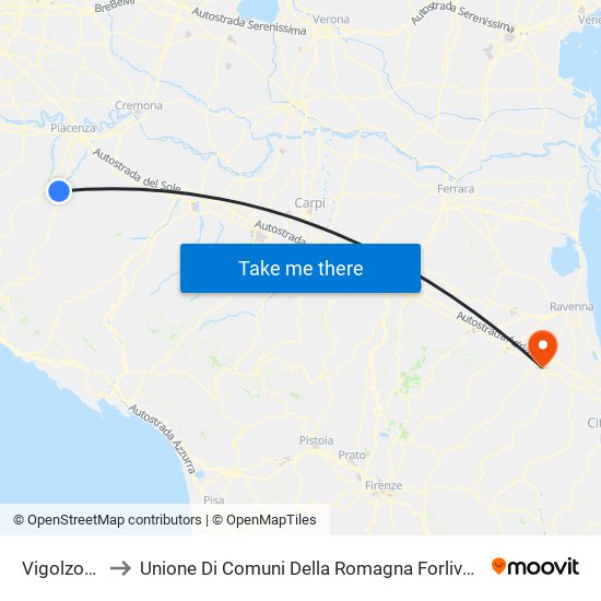 Vigolzone to Unione Di Comuni Della Romagna Forlivese map