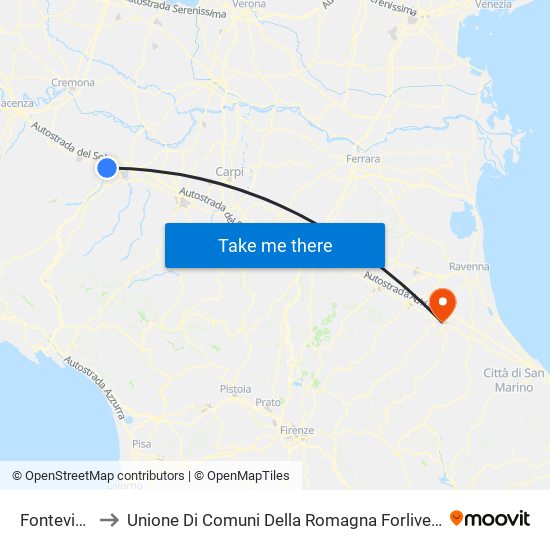 Fontevivo to Unione Di Comuni Della Romagna Forlivese map