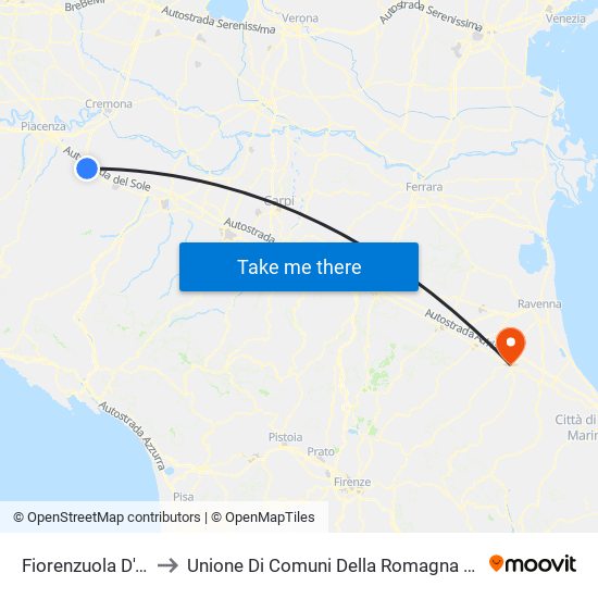 Fiorenzuola D'Arda to Unione Di Comuni Della Romagna Forlivese map