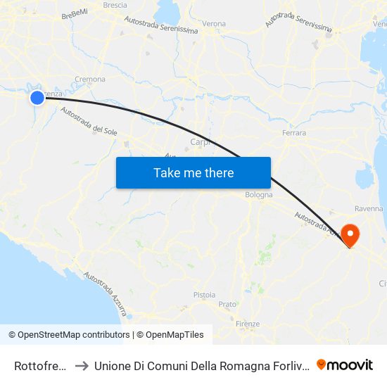 Rottofreno to Unione Di Comuni Della Romagna Forlivese map