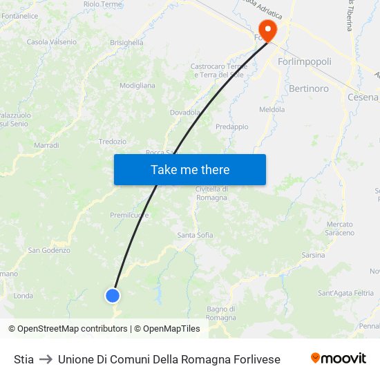 Stia to Unione Di Comuni Della Romagna Forlivese map