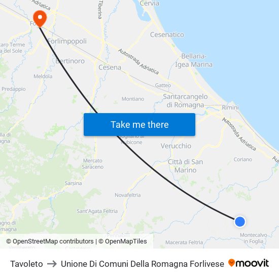 Tavoleto to Unione Di Comuni Della Romagna Forlivese map