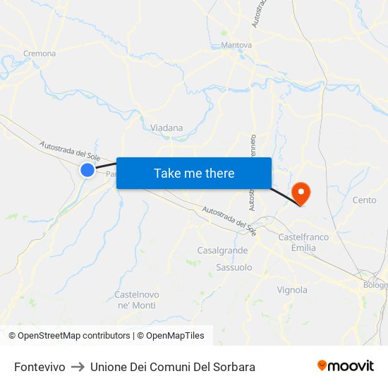 Fontevivo to Unione Dei Comuni Del Sorbara map