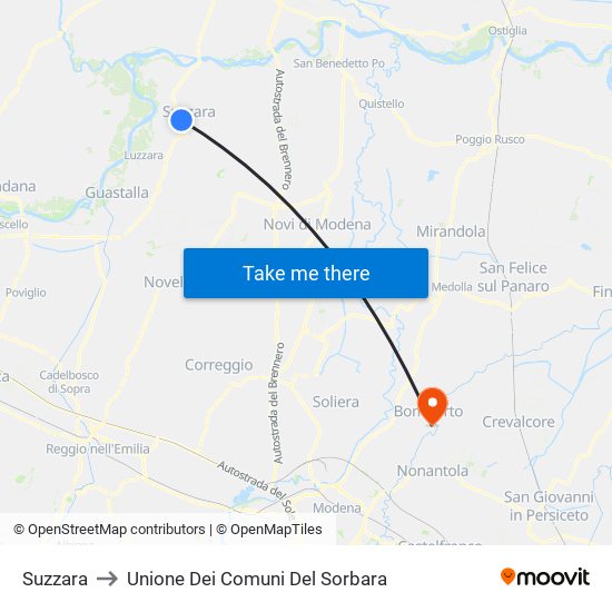 Suzzara to Unione Dei Comuni Del Sorbara map