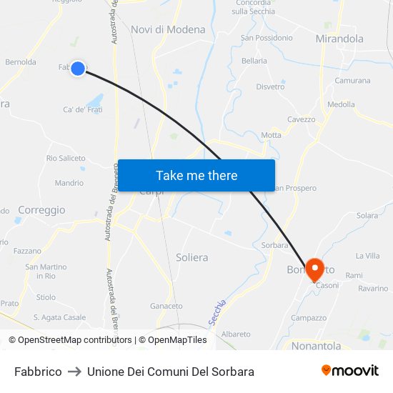 Fabbrico to Unione Dei Comuni Del Sorbara map