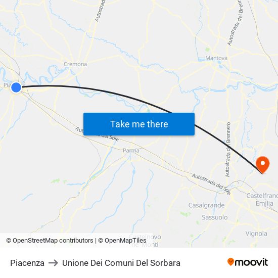 Piacenza to Unione Dei Comuni Del Sorbara map