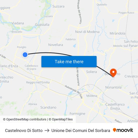 Castelnovo Di Sotto to Unione Dei Comuni Del Sorbara map