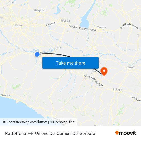 Rottofreno to Unione Dei Comuni Del Sorbara map