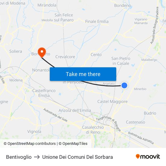 Bentivoglio to Unione Dei Comuni Del Sorbara map