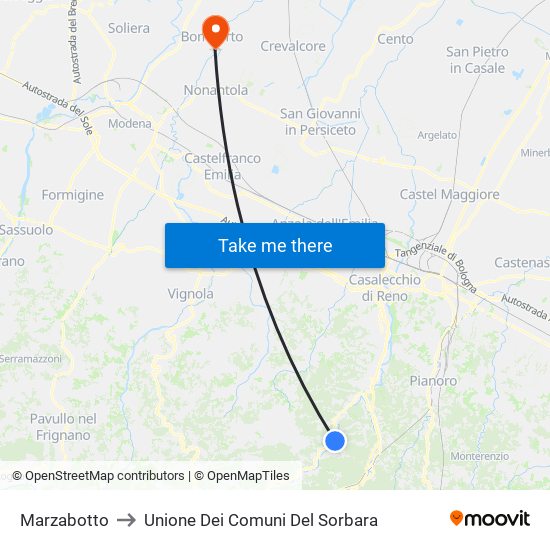 Marzabotto to Unione Dei Comuni Del Sorbara map