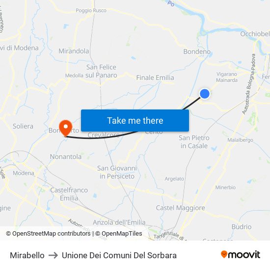 Mirabello to Unione Dei Comuni Del Sorbara map