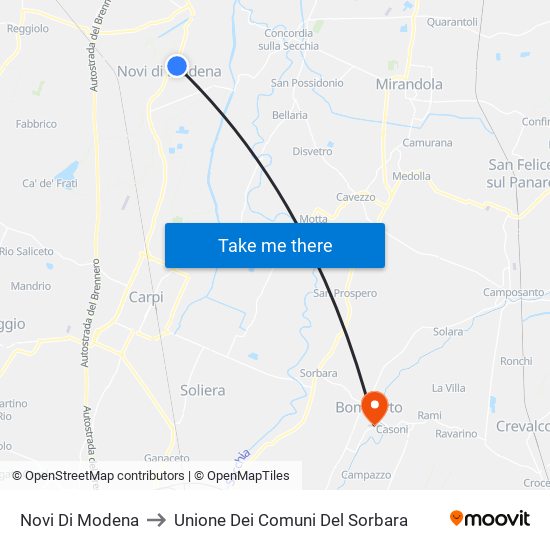 Novi Di Modena to Unione Dei Comuni Del Sorbara map