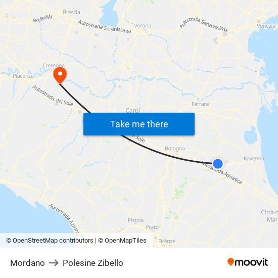 Mordano to Polesine Zibello map