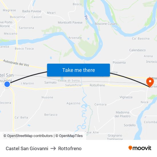 Castel San Giovanni to Rottofreno map