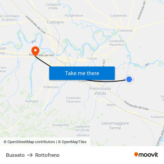 Busseto to Rottofreno map