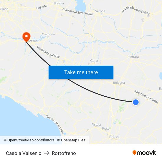 Casola Valsenio to Rottofreno map