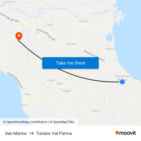 San Marino to Tizzano Val Parma map