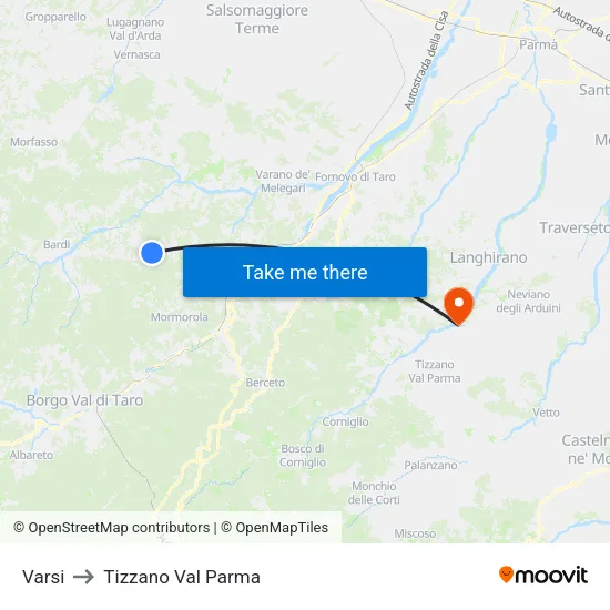Varsi to Tizzano Val Parma map