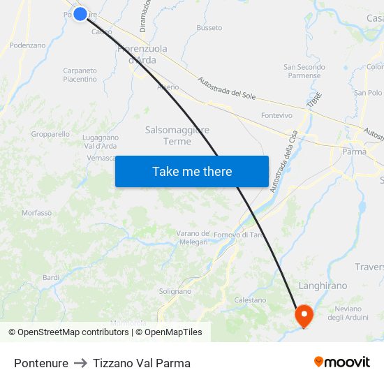 Pontenure to Tizzano Val Parma map