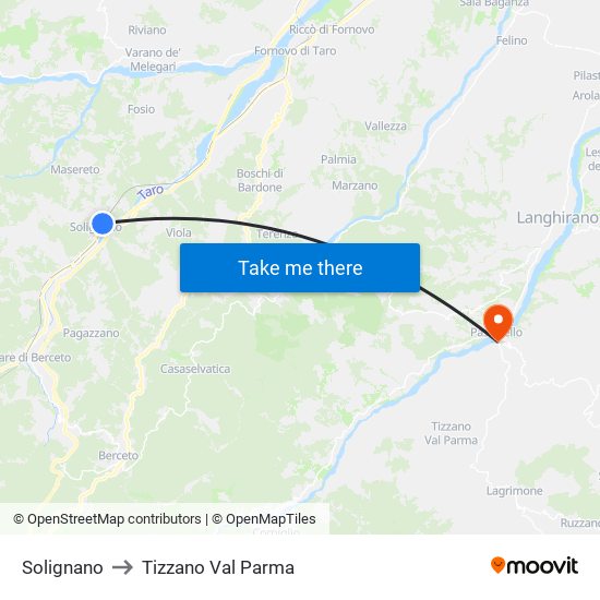Solignano to Tizzano Val Parma map